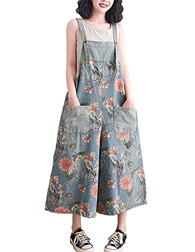 COWOKA Women's Loose Print Adjustable Straps Denim Baggy Bib Overalls Casual Wide Leg Jeans Jumpsuit Rompers Pants Light Blue M