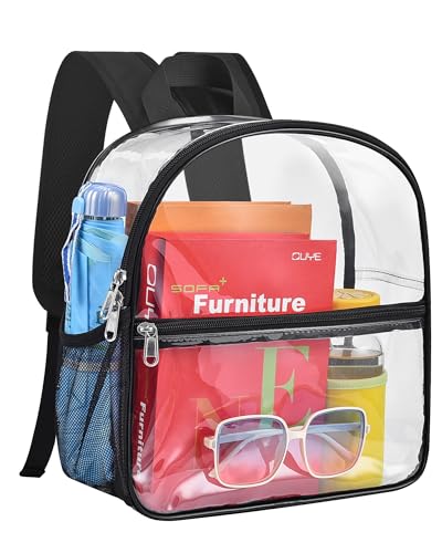 Paxiland Clear Backpack Stadium Approved 12×12×6 with Reinforced and Wider Shoulder Straps, Small Clear Bag for Schools, Concerts, Work, Festivals and Sporting Events - Black
