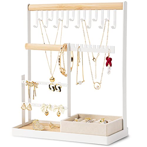 Jewelry Organizer Stand with Velvet Ring Holder, 4 Tier Jewelry Holder Organizer with 15 Hooks Necklace Organizer and Watch Bracket Holder, Jewelry Stand with 16 Holes for Earring Holder, White
