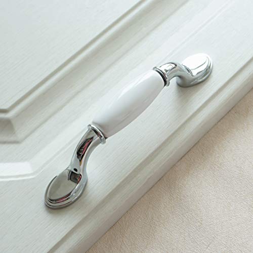 LBFEEL 3' 3.75' 5' 6.3' White Ceramic Dresser Drawer Pull Handles Kitchen Cabinet Door Knobs Silver Furniture Knob Handle 76 96 128 160mm (3' Hole Centers)