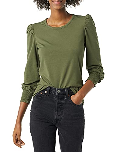 Amazon Essentials Women's Long-Sleeve Crewneck Smocked Cuff T-Shirt, Olive, Large