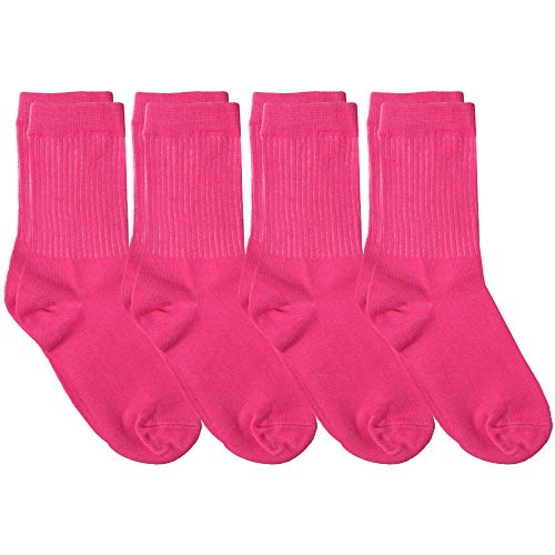 juDanzy 4 Pack of Crew Height Boys or Girls Socks for School Uniform, Sports and Casual Wear (Youth Large (Shoe Size 4-7), Hot Pink)