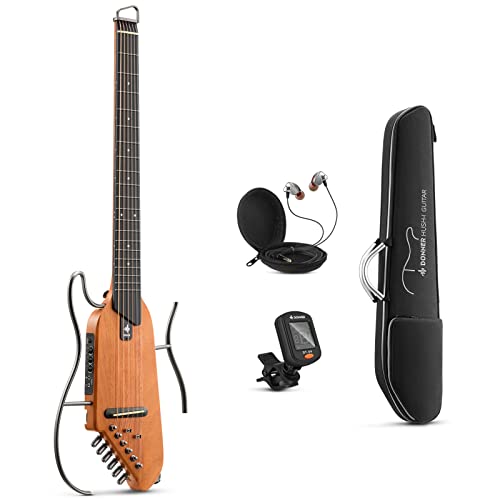 Donner HUSH-I Guitar For Travel - Portable Ultra-Light and Quiet Performance Headless Acoustic-Electric Guitar, Mahogany Body with Removable Frames, Gig Bag, and Accessories Natural