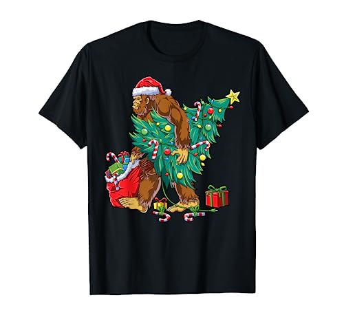 Bigfoot Christmas Tree Lights Xmas Boys Men Sasquatch Lovers T-Shirt