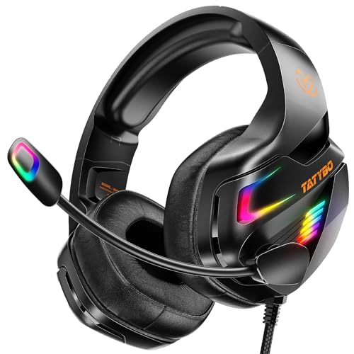 Tatybo Gaming Headset for PS5, PS4, PC, Stereo Surround Sound Gaming Headphones with Noise Cancelling Microphone, Over-Ear Gamer Headset with 4 Mode RGB Light for Laptop Mac Switch XboxOne (Black)