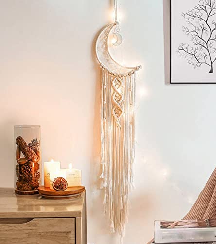 Dream Catchers, Moon Dream Catcher with Lights-Macrame Dreamcatcher Bedroom Wall Decor,Dream Catcher Girls Room Decor Teenager,Moon Gifts Dream Catchers for Boys Mom Women-Moon Catcher Boho Wall Decor
