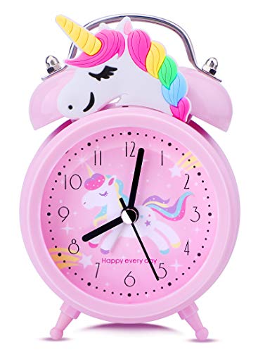 Unicorn Alarm Clock for Girls Kids, Cute Bedroom Decoration, Non Ticking Silent Second Hand, w/Backlight Super Loud Twin Bell, for Kids Unicorn Gifts (Pink)