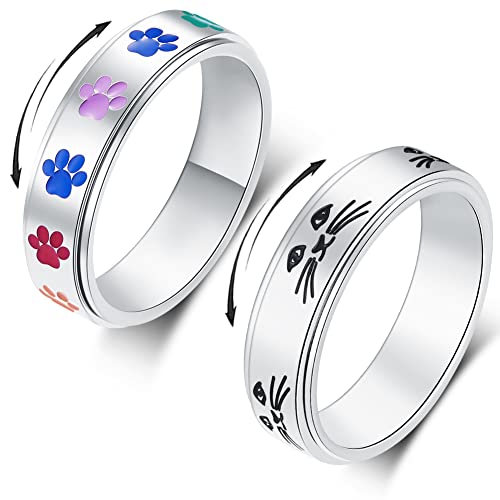 AmorArtSky Spinner Ring for Anxiety Relief Fidget: Puppy Pet Lovers Paw Print Ring Anxiety Ring for Women Men, Titanium Stainless Steel Spinner Ring, Love Dog Cat Claw Ring Pet Loving Friend Families Gifts,6MM width, Size 6-10 (size 7, Silver)