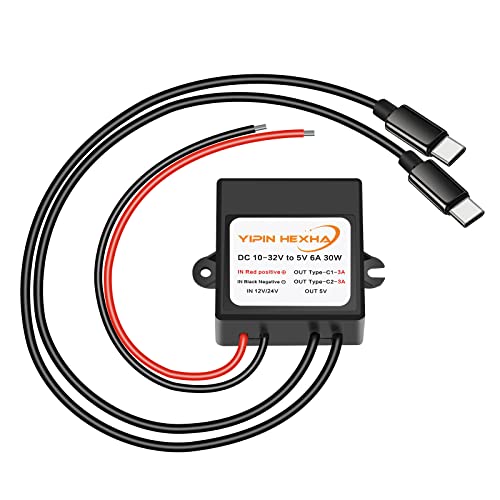 DC 12V/24V to 5V 6A 30W Dual Type-C USB C Converter DC-DC Buck Charging Module Electric Step Down Power Adapter Compatible with Raspberry Pi 4, Cellphone, Car