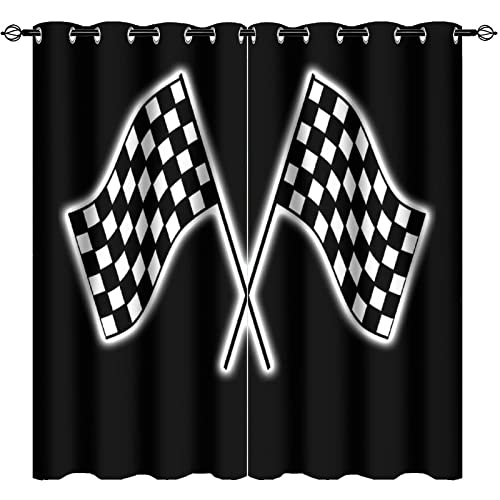 GY Race Car Window Curtains, Racing Car Game Theme Racecar Checkered Flag Living Room Bedroom Curtains 2 Panel Sets, Thermal Insulated Room Darkening Window Coverings Drapes 42x63in