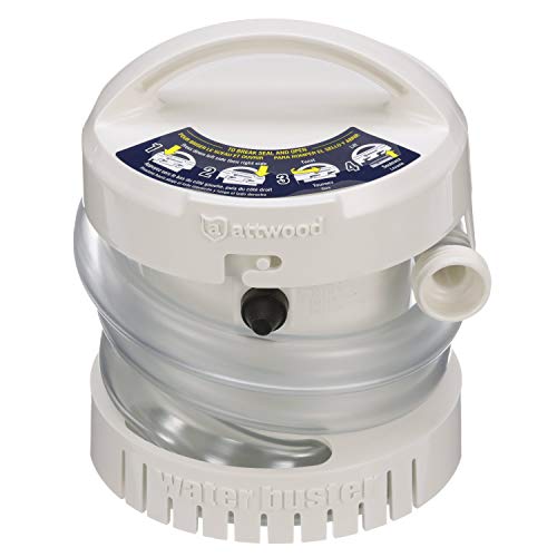 Attwood 4140-4 WaterBuster Portable Pump, Submersible, Battery Powered, 200 GPH, 42-Inch Hose, 5 ¼-Inch Diameter