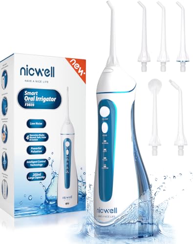 Water Dental Flosser Cordless for Teeth - Nicwell 4 Modes Dental Oral Irrigator, Portable and Rechargeable IPX7 Waterproof Powerful Battery Life Water Teeth Cleaner Picks for Home Travel