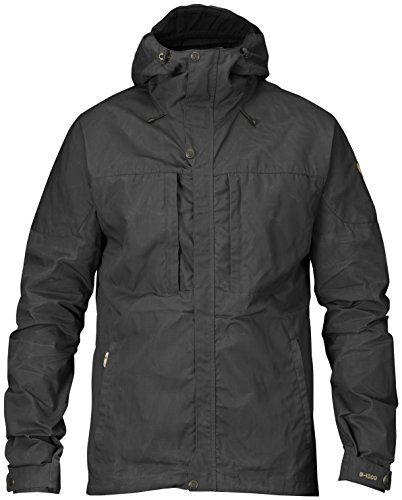 Fjällräven Skogsö Jacket Coats for Men - Leather Details, Two Chest and Two Hand Pockets, and Fixed Two Way Adjustable Hood Dark Grey LG One Size