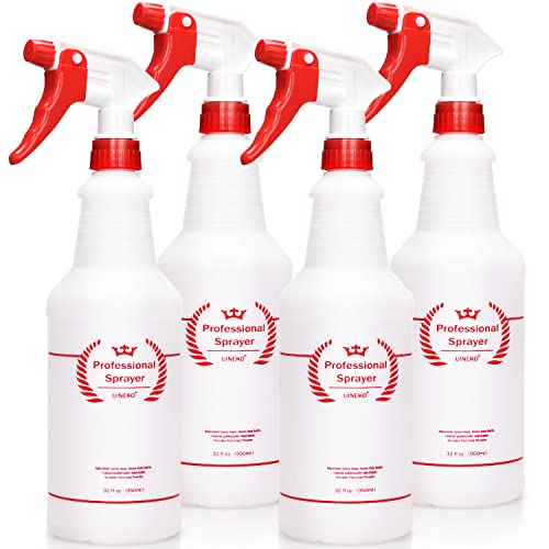 Uineko Plastic Spray Bottle (4 Pack, 32 Oz, All-Purpose) Heavy Duty Spraying Bottles Leak Proof Mist Empty Water Bottle for Cleaning Solution Planting Pet with Adjustable Nozzle and Measurements