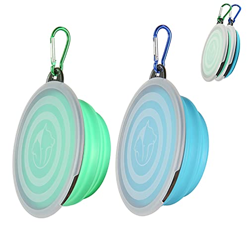 SLSON Collapsible Bowl with Cover Lids,2 Pack Dog Travel Bowls Portable Foldable Cat Water Dish Bowl for Pets Walking Parking Camping (Light Blue and Green, Small)