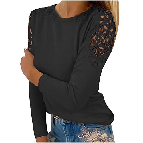 Beautiful T Shirts Teen Girls Cutout Long Sleeve Fall Work Comfy Lace Tee Loose Fit Solid Scoop Neck Tennis Tunic Women's Black