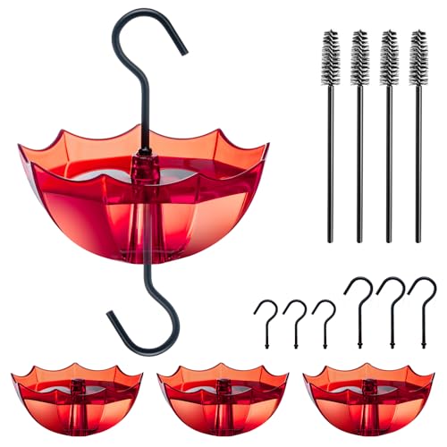 TERULF Ant Moat for Hummingbird Feeder, 5 OZ x 4 Pack Red Umbrella Ant Guard with Large Capacity, Hummingbird Feeder Accessory Hooks with Brushes