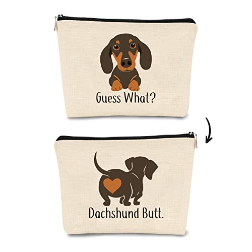 BARPERY Funny Dachshund Makeup Bag,Guess What It's Pug Butt Cartoon Cute Sausage Dog Puppy Cosmetic Bag Best Gift Idea for Dog Loves,Birthday for Dachshund Mom Girls Women， Teen Girls Daughter