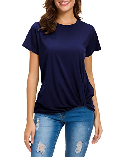 MSHING Women Casual Round Neck Short Sleeve Tie Up Blouse Comfortable Cotton Basic Tops, Navy Blue, Medium