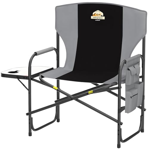 Colegence XXL Oversized Directors Chairs Support to 600 Lbs, Heavy Duty Camping Chairs with Foldable Side Table, Detachable Side Pocket, Folding Outdoor Chair for Outside,Lawn,Beach,Fishing(Black)