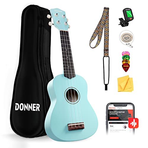 Donner Soprano Ukulele for Beginner 21 Inch Matte Ukulele Beginner Kit with Bag Strap Tuner Strings Picks Cloth, Free Online Lessons, Holiday Christmas & Birthday Gift (Cyan Blue)