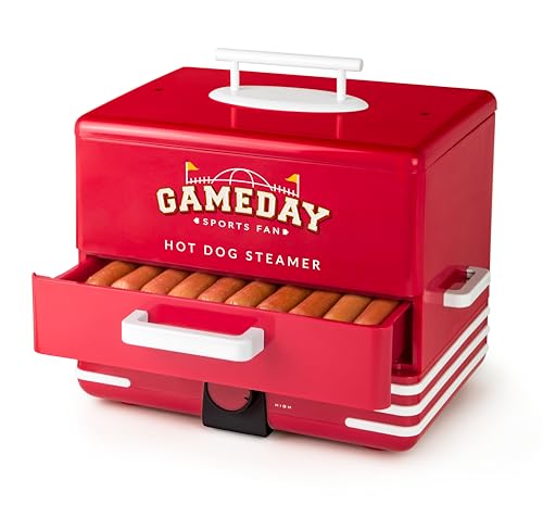 Nostalgia Game Day Hot Dog Streamer and Bun Wamer, Fits 20 Dogs and 8 Buns, Steams Pot Stickers, Veggies, Potatos, and Other Appetizers or Toppings