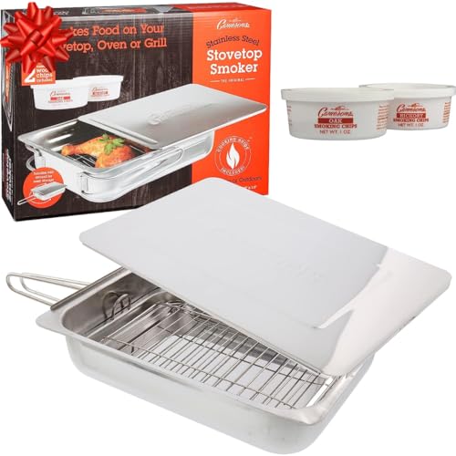 Camerons Large Stovetop Smoker - Stainless Steel BBQ Smoker Box w/Hickory & Oak Wood Chips & Recipe Guide - Indoor Outdoor Use - Great for Smoking Christmas Dinner- XMas Barbecue Grilling Gift for Men