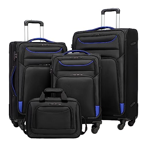 Coolife Luggage 4 Piece Set Suitcase TSA Lock Spinner Softshell lightweight(black+blue)
