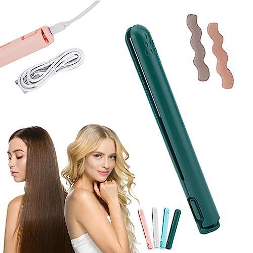 RJDJ Mini Dual-Purpose Curling Iron, 2 in 1 Mini Hair Curler, Mini Curling Iron for Short Hair, Mini Curling Iron Travel Size, USB Rechargeable, Portable Cordless Hair Curler and Straightener (Green)