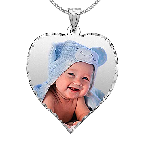 Personalized Photo Engraved Heart Shaped Picture Necklace with Diamond Cut Edge - 3/4 Inch x 3/4 Inch (Sterling Silver, Photo Only)