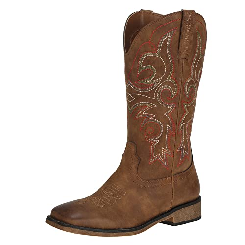 J's.o.l.e Women's Western Cowboy Square Toe Cowgirl Boots Mid Calf Brown US Size 7