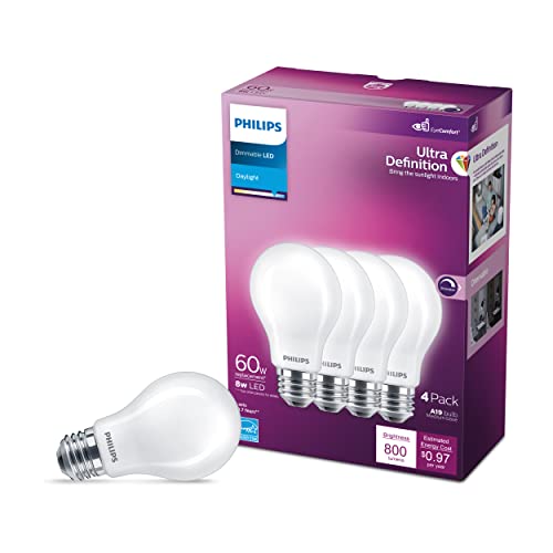 Philips LED Flicker-Free Frosted Dimmable A19 Light Bulb - EyeComfort Technology - 800 Lumen - Daylight (5000K) - 8W=60W - E26 Base - Title 20 Certified - Ultra Definition - Indoor - 4-Pack