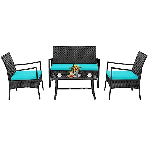 Tangkula 4 Pieces Rattan Conversation Set, Patio Sofa Couch Set with Tempered Glass Coffee Table, Seat Cushions, Outdoor Wicker Loveseat Set for Poolside, Courtyard, Balcony (1, Turquoise)