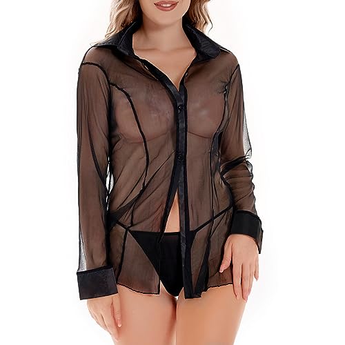 Ruzishun Sheer Mesh Button Shirt Women's Chiffon Shirt Long Sleeved See-Through Blouse Black-M
