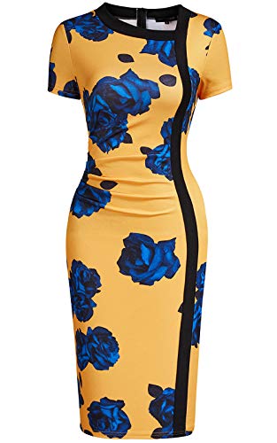 Viwenni Women Vintage Ruffle Business Colorblock Work Church Pencil Dress Blue Floral