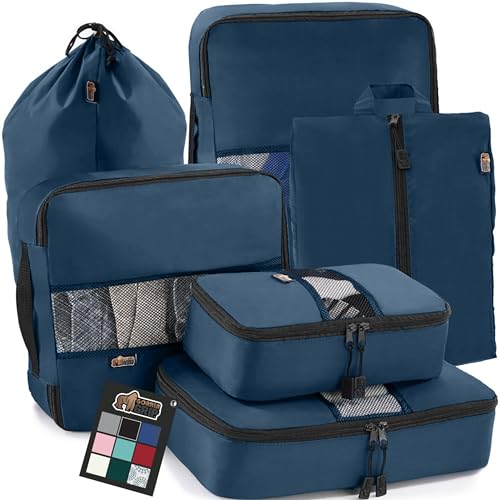 Gorilla Grip 6 Piece Packing Cubes Set, Compression Space Saving Organizers for Suitcases and Luggage, Mesh Window Bags, Travel Essentials for Carry On, Clothes and Shoes, Cube with Zipper, Navy