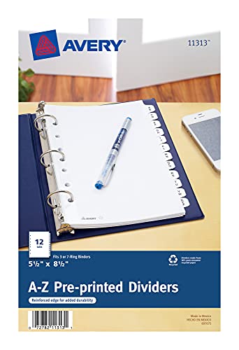 Avery A-Z Dividers, 12-Tab Set, 8-1/2' x 5-1/2', 1 Binder Divider Set (11313)