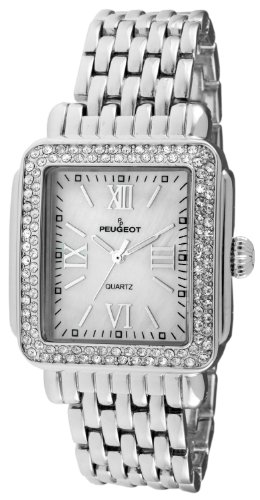Peugeot Women Rectangle Dress Watch with Crystal Decorated Bezel, Roman Numerals and Bracelet