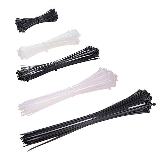 Zip Ties Heavy Duty Cable Ties 4+6+8+10+12 Inch Black & White 500pcs (Combo Pack) Self-Locking Nylon Plastic Ties