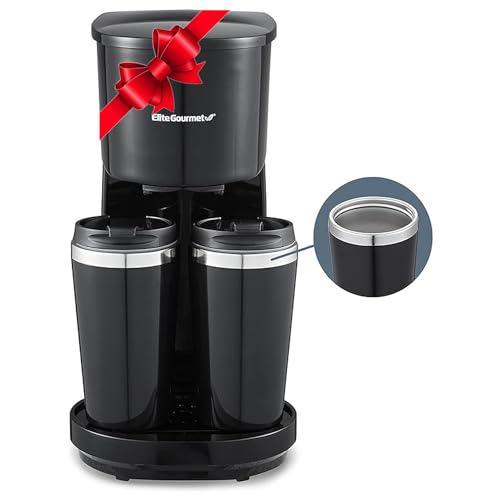 Elite Gourmet EHC116 Dual Drip Double Coffee Maker Brewer Includes Two 14 Oz Stainless Steel Interior Thermal Travel Mugs, Compatible with Coffee Grounds, Reusable Filter, Black