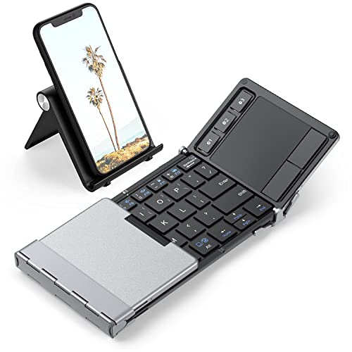Foldable Keyboard Bluetooth, iClever BK08 Folding Keyboard with Touchpad, Aluminum Build, Multi-Devices Travel Keyboard, USB-C Charge Keyboard with Stand Holder for iPad, iPhone, Smartphone and Tablet