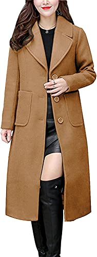 chouyatou Women's Big Notch Lapel Single Breasted Mid-Long Wool Blend Coat (Small, Camel)