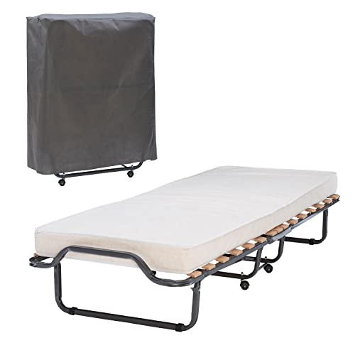 Linon Luxor Single Foldable Rollaway Bed with Black Metal Frame and Grey Bed Cover