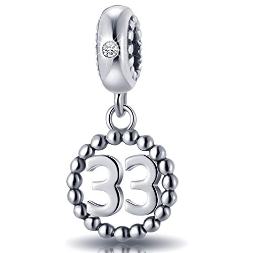 33 Number Bracelet Charms,925 Sterling Silver Pendants Beads Fit Pandora Charm Bracelets, Necklace, and European Snake Chain, Dangle for Happy Birthday 33th Anniversary 33 Years
