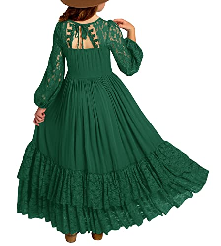 MITILLY Girls Square Neck Lace Flower Backless Tulle Long Sleeve A-Line Tiered Ruffle Party Maxi Dress Size 10 Dark Green