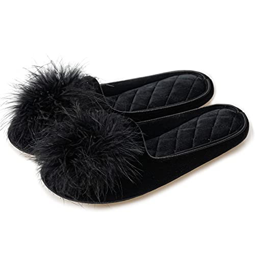 GRITHEIM Women's Fuzzy Pom Pom Feather Velvet House Slippers Sexy Cozy Bedroom Slippers for Ladies Non-slip Sole Indoor Outdoor 7-8 Black