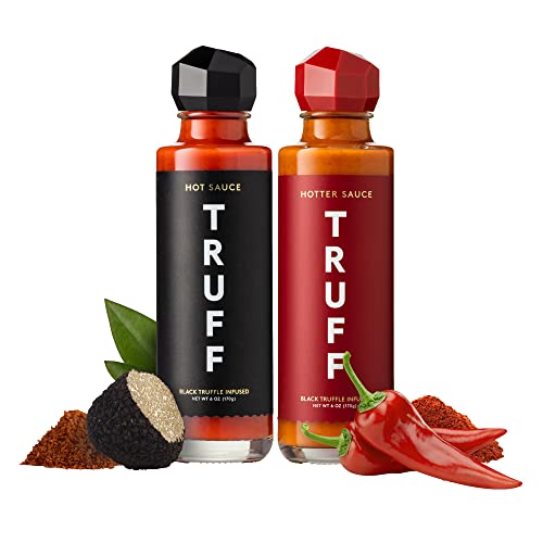 TRUFF Original and Hotter Black Truffle Hot Sauce 2-Pack Bundle, Gourmet Hot Sauce Set, Black Truffle and Chili Peppers, Gift Idea for the Hot Sauce Fans, An Ultra Unique Flavor Experience (6 oz, 2 count with Premium Box)