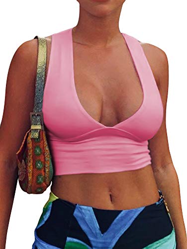 AEPEBO Sexy Crop Tops for Women Deep V Neck Back Cutout Sleeveless Plunge Racerback Tank Cropped Top Pink M