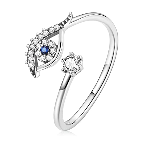 BISAER Evil Eye Finger Ring Aesthetic 925 Sterling Silver Adjustable Open Ring with Cubic Zirconia Personalized Dainty Band Rings Jewelry for Women Girls Couple Gift