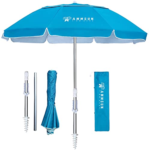 AMMSUN 6.5ft twice folded Portable beach umbrella with sand anchor windproof, Tilt pole Air vent UPF 50+ Protection Fits in a large Suitcase for travel Patio Garden Pool Backyard Sky Blue